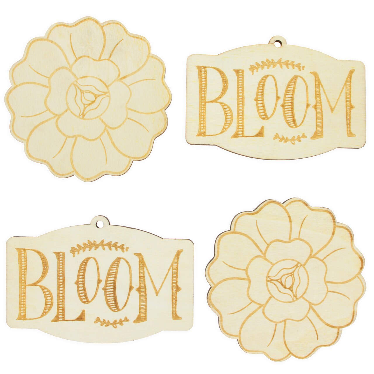 Set of 4 Unfinished Wooden Etched Flower Bloom Cutout DIY Craft 4.9 Inches